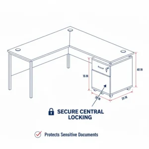 Close-up of a secure central locking system on a white corner desk file cabinet for document protection.