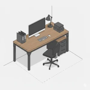 An industrial metal and wood desk with filing cabinet featuring a rustic aesthetic.