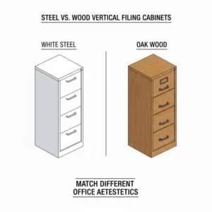 Comparison between white steel and oak wood vertical filing cabinets to match office aesthetics.