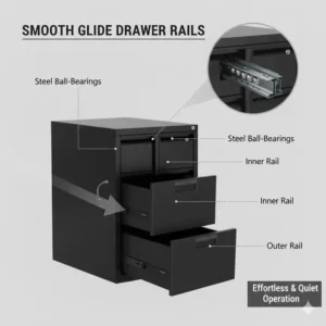 Detailed view of the smooth ball-bearing drawer slides used in this 3 drawer office file cabinet.
