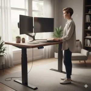 Illustration of a custom desk with an electric height-adjustable frame for a sit-to-stand workspace.