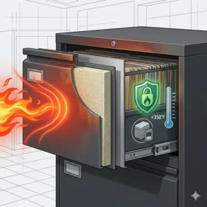 Detailed illustration of the fireproof layers and heat protection of a heavy duty file cabinet.