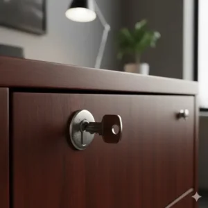 Close-up of a silver key lock on a professional grade credenza filing cabinet for secure document storage.
