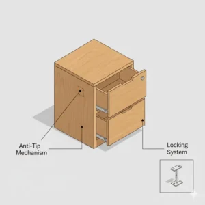 Security features including a locking system and anti-tip mechanism on an oak filing cabinet 2 drawer.