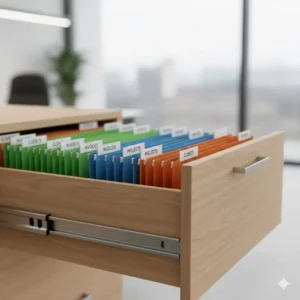 Interior view of an organized drawer within the modern office furniture file cabinets system.