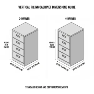 Detailed dimensions and size chart for standard 2-drawer and 4-drawer vertical filing cabinets.