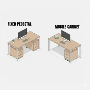 A comparison diagram between a mobile and a fixed desk with filing cabinet version.