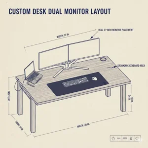 A top-down layout illustration of a custom desk built to support a professional dual-monitor setup.