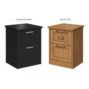 Side-by-side material comparison between a metal and a rustic oak corner desk file cabinet.