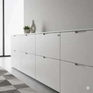 A minimalist grey credenza that functions as seamless modern office furniture file cabinets.