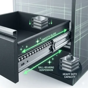 Illustration showing the precision ball-bearing slides for smooth operation of a heavy duty file cabinet.