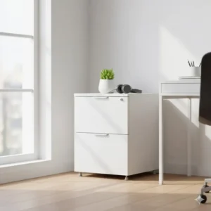 Compact white credenza filing cabinet designed for small spaces and minimalist office decor.