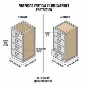 Infographic highlighting the fire-resistant insulation layers built into heavy-duty vertical filing cabinets.