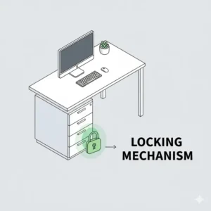 Illustration highlighting the secure locking mechanism on a white desk with filing cabinet.