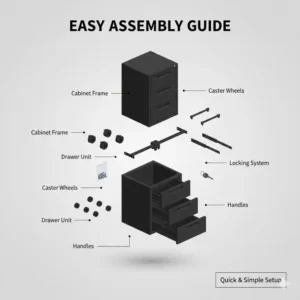 Exploded view diagram showing all parts and assembly steps for a 3 drawer office file cabinet.
