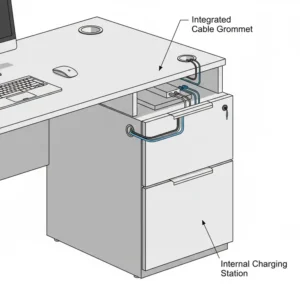 Diagram of a corner desk file cabinet featuring a built-in cable grommet and internal charging station.