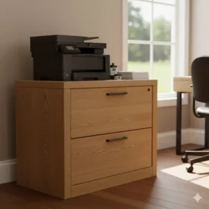 A heavy-duty oak credenza filing cabinet used as a printer stand with extra storage for paper supplies.
