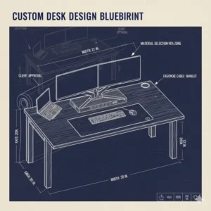 A digital blueprint illustration showing the measurement and planning phase of a custom desk build.