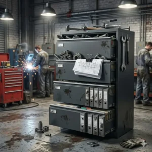 Illustration of a rugged heavy duty file cabinet being used for storage in a heavy-duty industrial workshop.