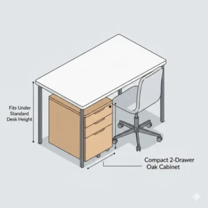 A compact oak filing cabinet 2 drawer designed to fit perfectly under a standard office desk.