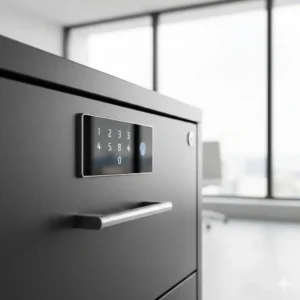 Digital security keypad mounted on high-security modern office furniture file cabinets.