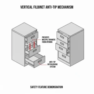Safety demonstration of an anti-tip interlocking mechanism used in modern vertical filing cabinets.