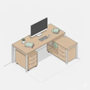 Large L-shaped executive desk with filing cabinet providing extra storage and workspace.