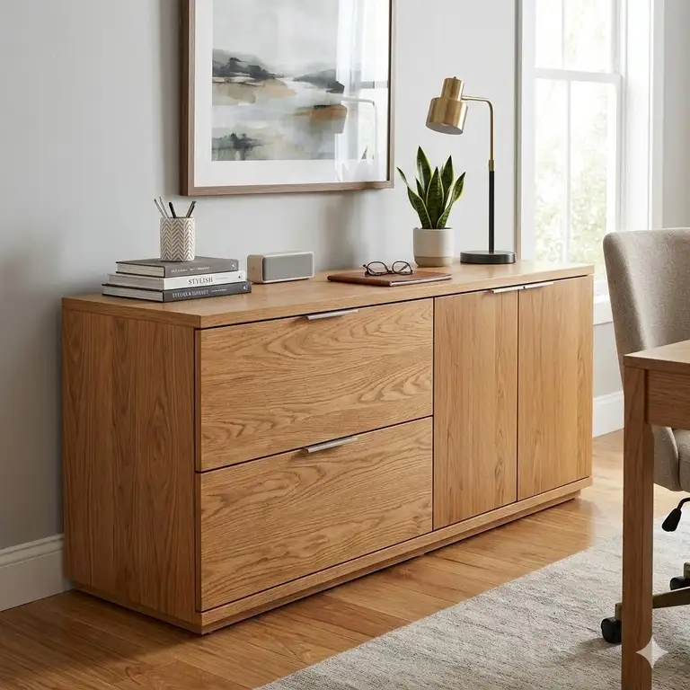 A professional featured image showing a modern home office centered around a stylish credenza with file drawers.