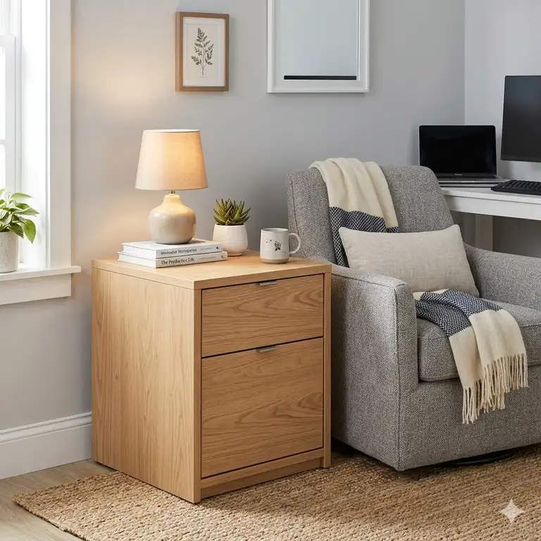 A modern wood file cabinet table used as an end table in a bright home office next to a grey armchair.