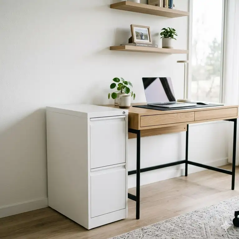 Featured Image: A sleek white slimline filing cabinet positioned next to a modern desk in a bright home office.