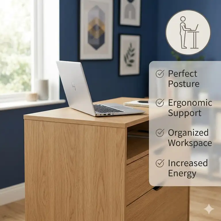 Featured Image: A modern wooden standing desk cabinet with integrated storage drawers in a professional home office setting.