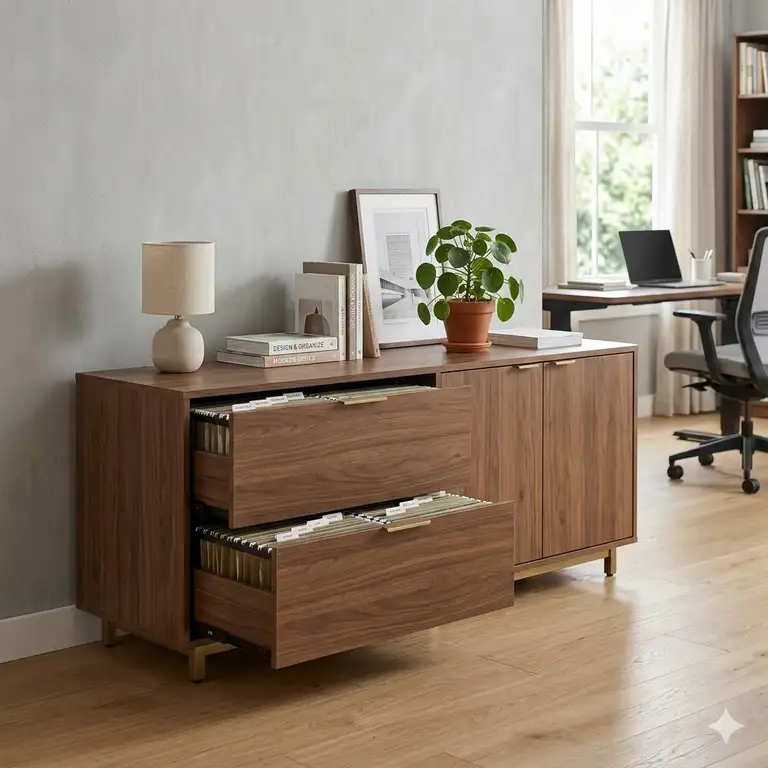 A photograph of a modern office featuring a sleek office credenza with file storage drawers.