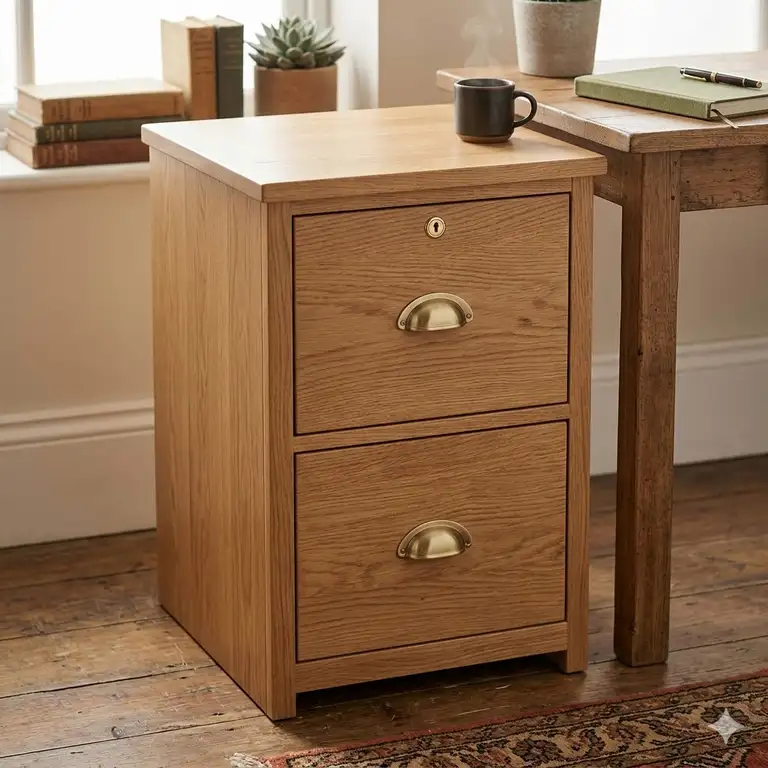 A professional photograph of a two drawer oak file cabinet with a natural wood finish, ideal for home office use.