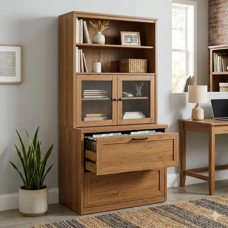 A tall modern wood file cabinet with hutch featuring open shelving and storage drawers in a home office setting.