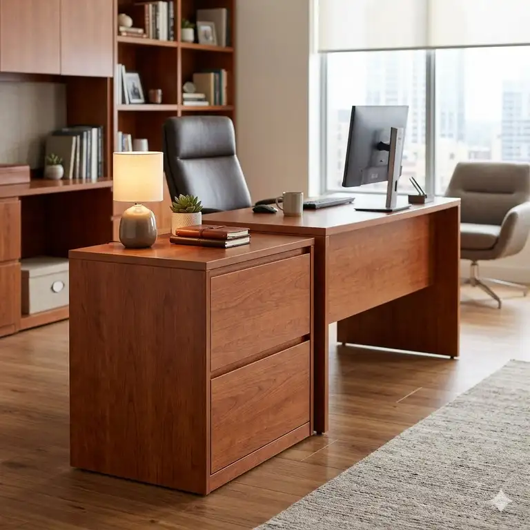 A professional executive suite featuring a premium office furniture filing cabinet wood matching the main desk.