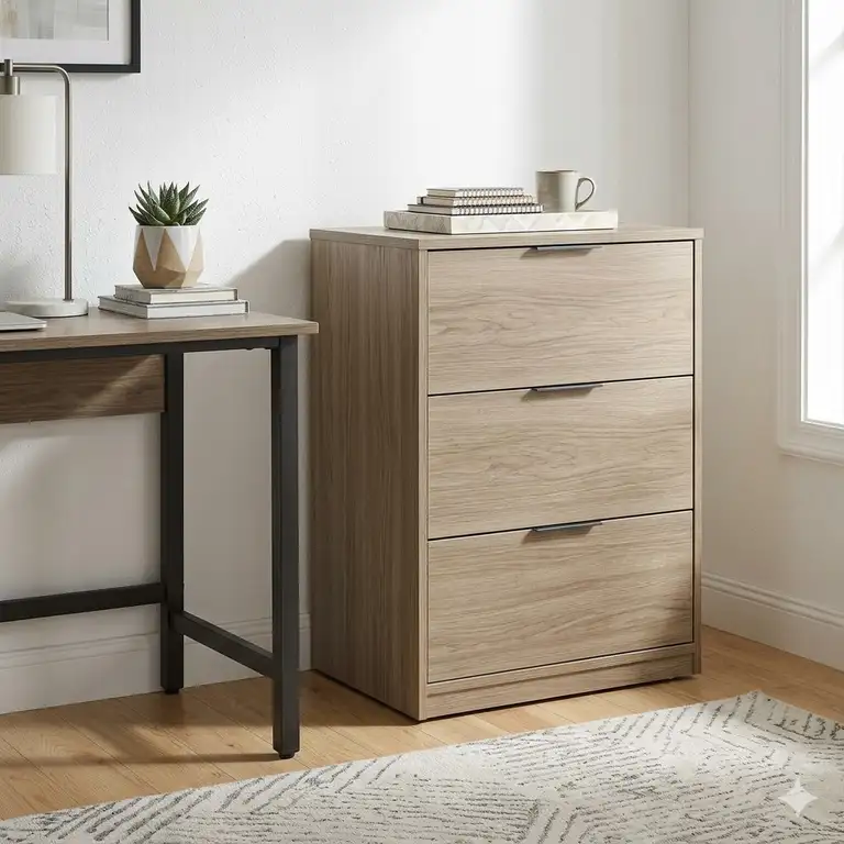 Featured Image: A sleek wood-finish 3 drawer lateral file cabinets styled in a modern home office next to a desk.