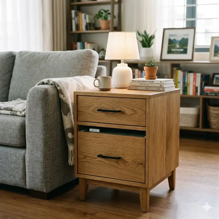 A modern wood file cabinet side table used as an end table next to a sofa in a home office.