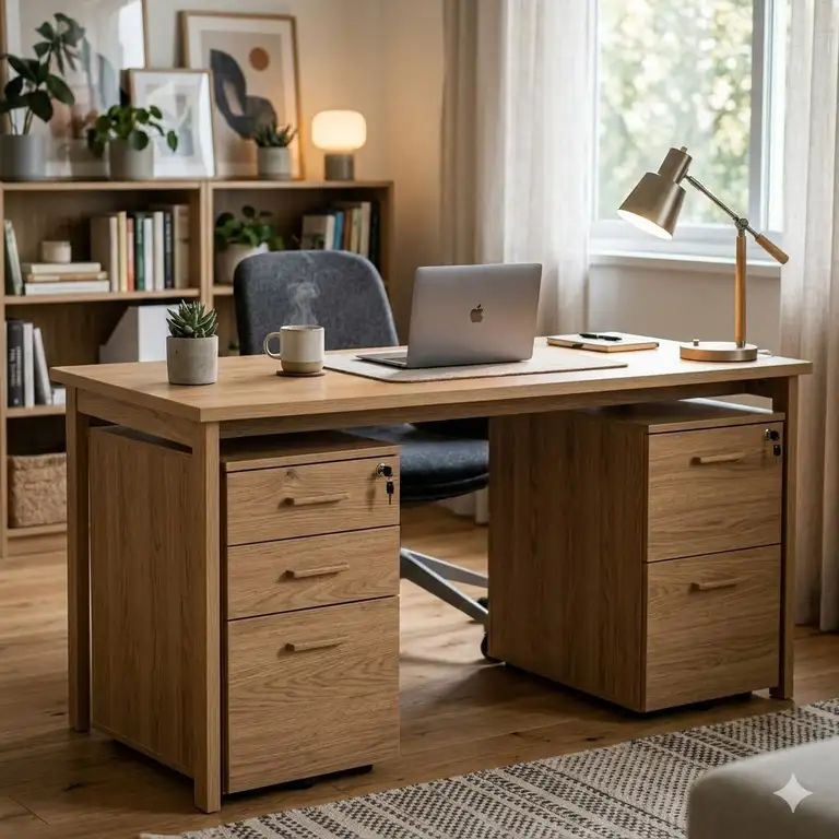 Modern home office setup featuring sleek wooden office desk cabinets with integrated storage.