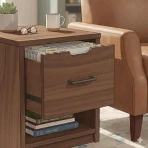 Close-up view of an open end table with file drawer showing hanging folders for letter-size documents.