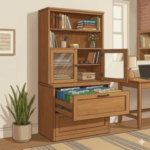 Illustration of a lateral file cabinet with hutch showing organized hanging folders and books on upper shelves.