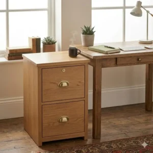 An illustration showing a two drawer oak file cabinet placed next to a modern desk in a home office setting.