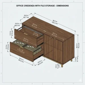An illustration showing the dimensions of an office credenza with file storage units.