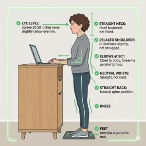Illustration 1: Ergonomic diagram showing the correct standing posture and elbow height for a standing desk cabinet user.