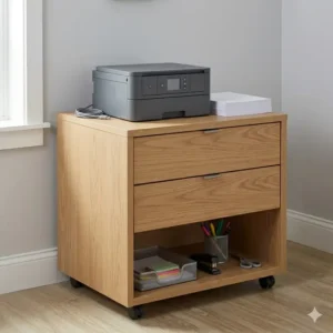 Industrial style file cabinet table holding a wireless printer with open storage shelves.