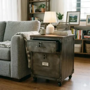 Industrial style metal file cabinet side table with locking drawers for secure document storage.