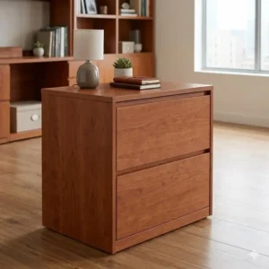 A wide-style lateral office furniture filing cabinet wood with a rich cherry finish for document storage.