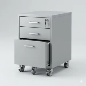 Three-drawer mobile office desk cabinets with locking wheels for flexible workspace storage.