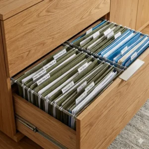 Illustration of a sleek oak wood credenza with file drawers showcasing its clean lines and functional design.