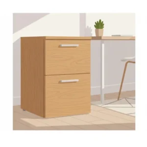 A light oak finish two drawer wooden filing cabinet showing natural grain details.