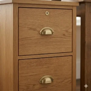 A close-up illustration highlighting the beautiful wood grain texture of a solid wood two drawer oak file cabinet.